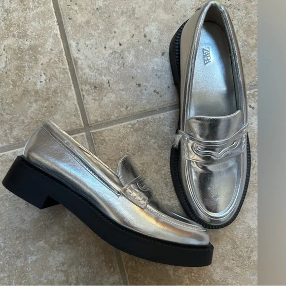 ZARA Metallic Silver Lug Sole Loafers - Picture 11 of 11
